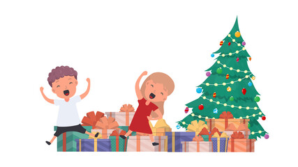 Happy children with gifts. Happy children, gift boxes, Christmas tree. Isolated. Vector.