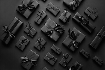 Elegant black Christmas theme. Wrapped gifts in black matte paper with ribbon - Powered by Adobe