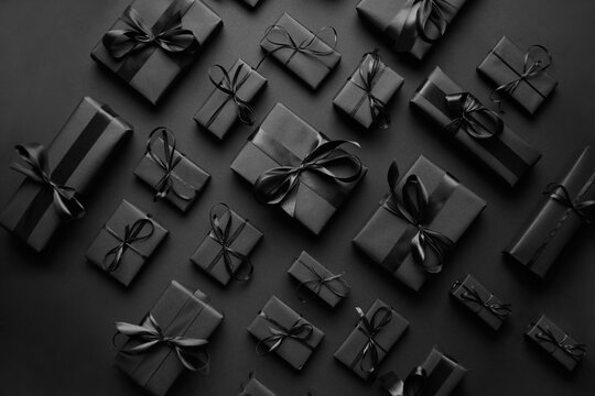 Elegant black Christmas theme. Wrapped gifts in black matte paper with ribbon