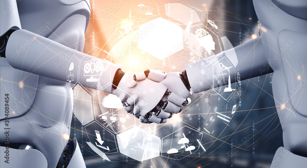 Aufkleber 3d rendering humanoid robot handshake to collaborate future technology development by ai thinking br
