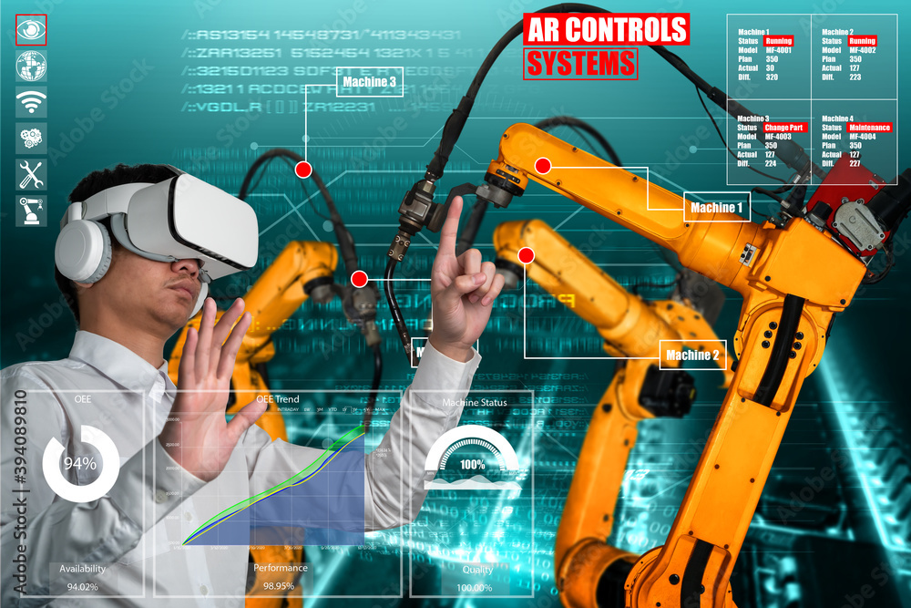 Poster engineer controls robotic arms by augmented reality industry technology application software. smart 