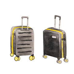 Trolley luggage, watercolor illustration of black and yellow trolley suitcase, front and rear view, hand painted on paper, isolated on white