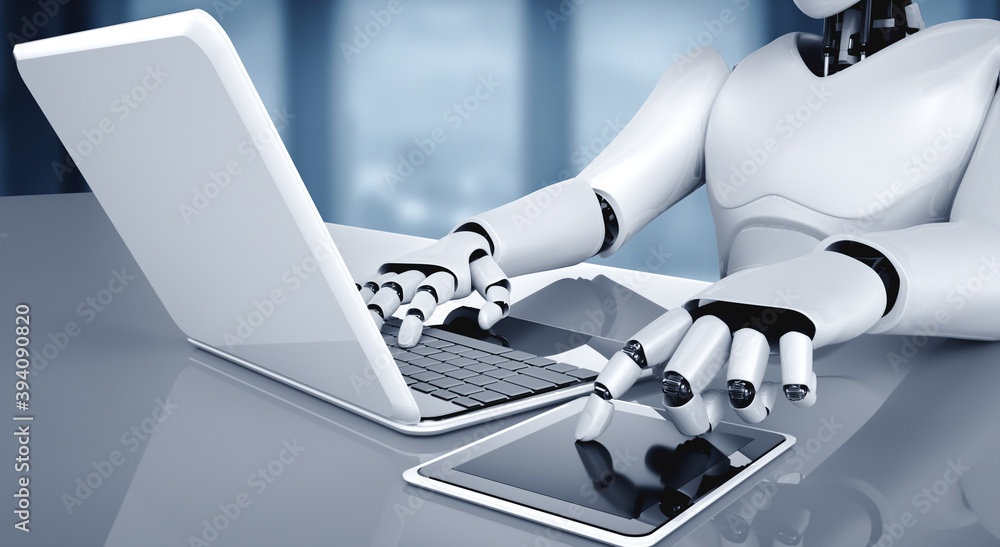 Poster robot humanoid use laptop and sit at table in future office while using ai thinking brain , artifici