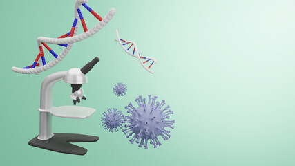3D illustration rendering. Viral infection of Coronavirus , DNA cell and microscope isolate on green pastel background. Pandemic medical health risk concept with disease cell.