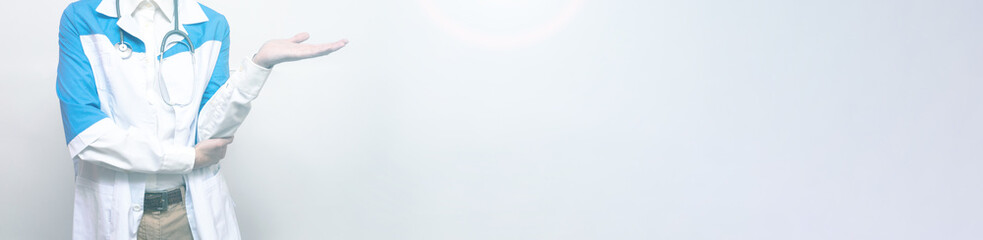 Man in a medical coat. Doctor concept. Banner. Copy space. Place for text.