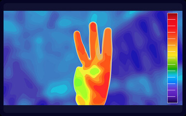 Vector graphic of thermal Image Scanning Hand showing three fingers on blurred background. Hand sign of number three showing different temperatures in range of colors. vector illustration EPS 10.