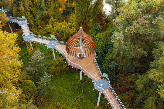 Canopy walkway in Mako city Hungary. Adventure park for families. There is an onion shape cupola in the middle. Amazing place next to maros river in a forest.