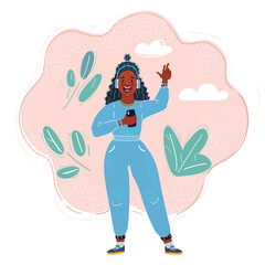 Vector illustration of Afro teen girl listening to music with headphones.