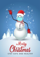 Fototapeta na wymiar Merry Christmas poster.snowman wearing medical mask and Santa hat. Vector illustration.