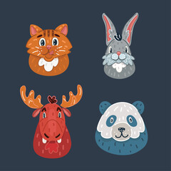 Fototapeta premium Cartoon vector illustration of animal faces. Cat, moose, panda, hare, rabbit on dark .