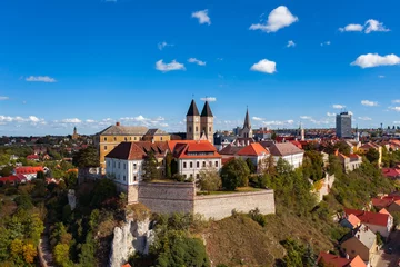 Foto auf Acrylglas Cathedral Cove Veszprem city castle aera in aerial photo. Amazing city part with historical old houses, church and much more. The most beautiful part of this city.