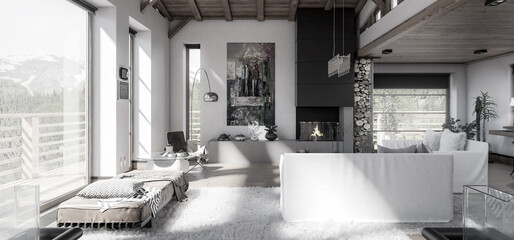 Modern Residential Loft Interior with Fireplace - panoramic black and white 3d visualization