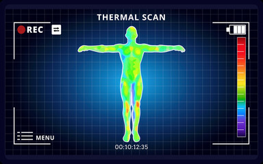 Vector graphic of Thermographic image of front of whole body of a man showing different temperatures with cooler light blue areas at edge regions. Human thermography and thermogram medical camera.
