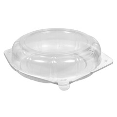 Blank plastic round packaging with transparent lid for baking, pastry and cakes isolated on white background