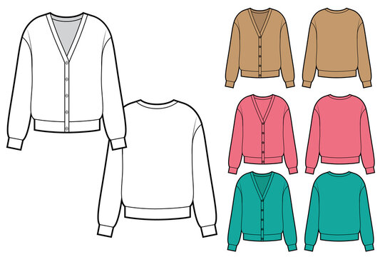 Fashion Technical Sketch Of Set Woman Knit Cardigan In Vector Graphic.