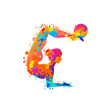 Rhythmic gymnastics girl with ball. Vector dancer silhouette of splash paint