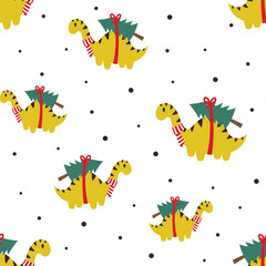 christmas seamless pattern with cute dinosaur, vector illustration