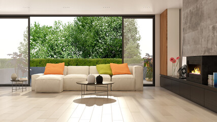 Large luxury modern minimal bright interiors room mockup illustration 3D rendering