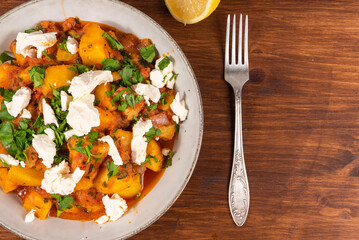 Greek vegetable stew of potatoes and vegetables in tomato sauce with chunks of soft feta cheese in a plate on a wooden table, top view, copy space