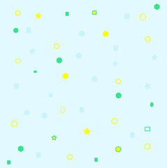 Light blue seamless background in abstract style. Colorful illustration with circles, rectangles, stars, hexagons in a futuristic style. The pattern for the fashion fabric, Wallpaper.