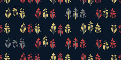 Christmas seamless pattern. Hand-drawn fir branches on a dark blue background. Cute flat illustration. Simple ornament for fabric, postcard, banner, wrapping paper.