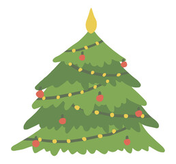 Green Christmas fir tree on a white background. Cute Xmas illustration in flat style for a postcard, banner, other design. Yellow lights and red glass balls hang on the tree.