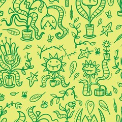 Seamless pattern  with Venus flytraps on green background. Monsters plants print. Comic drawing of  predatory flowers. Vector doodle wallpaper.