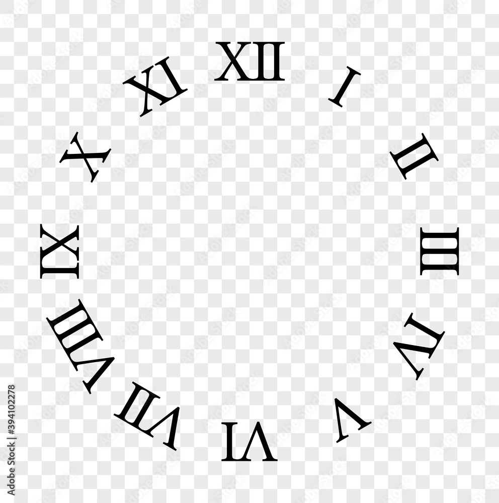 Poster set of roman numerals. numbers in a circle from one to twelve. clock with roman numerals isolated on