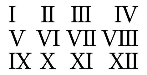 Set of roman numerals isolated on white background. Numbers from one to twelve. Vector illustration. - obrazy, fototapety, plakaty