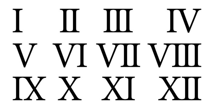 Set of roman numerals isolated on white background. Numbers from one to twelve. Vector illustration.