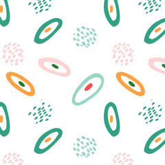 Abstract background with colored ovals and dots, Memphis art style, bright and colorful for pattern on textiles, paper and gift packaging