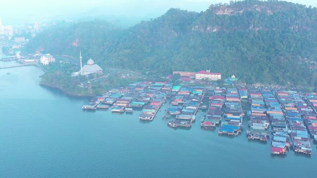 Aerial view of Sandakan City, Sandakan Mosque, and Kg. Sim Sim water village