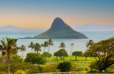 Chinaman's Hat, distinctive small island in Kaneohe Bay off east coast of Oahu, Hawaii