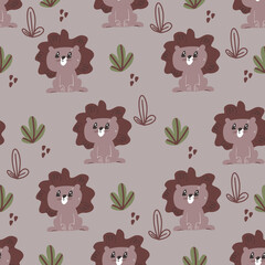 Seamless background with cute lion. Decorative wallpaper for the nursery in the Scandinavian style. Vector. Suitable for children's clothing, interior design, packaging, printing.