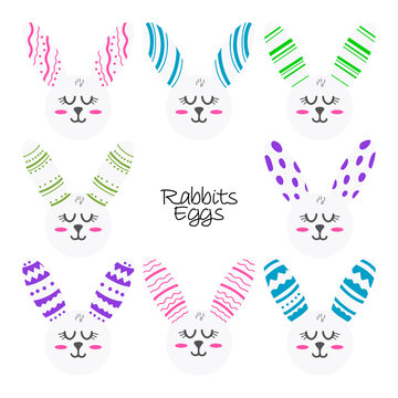 Set of vector illustrations of rabbits with painted ears. Easter theme. Childrens illustrations in cartoon hand drawn style for printing on clothes, interior design, packaging, printing.