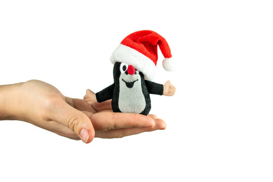 A small plush toy of a Czech mole on a white isolated background. The girl is holding a small toy Czech mole.