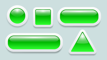 Buttons 3D green and white set, shiny glass collection vector icons.