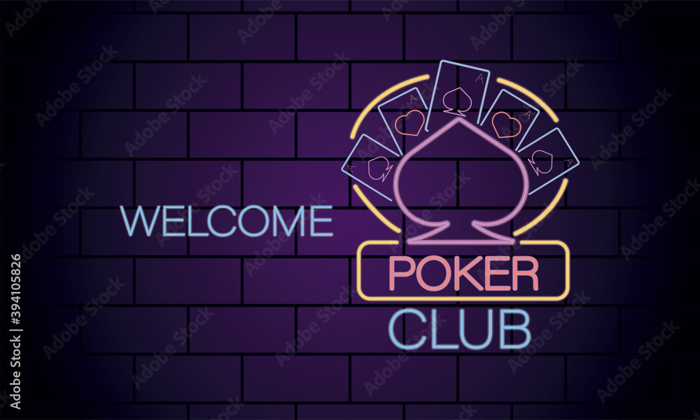 Poster welcome poker club casino neon light label in wall