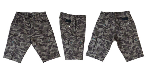 Grey military cargo shorts template. Shorts isolated on a white background clipping path. Brown...