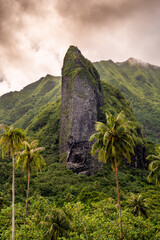 landscape in the mountains with big rock tiki in french polynesian island