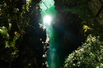 canyon with blue water and white rocks