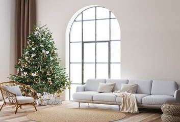 Living Room Christmas interior in Scandinavian style. Christmas tree with gift boxes. white sofa on wall Mockup.  © lilasgh