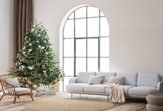 Living Room Christmas interior in Scandinavian style. Christmas tree with gift boxes. white sofa on wall Mockup.	