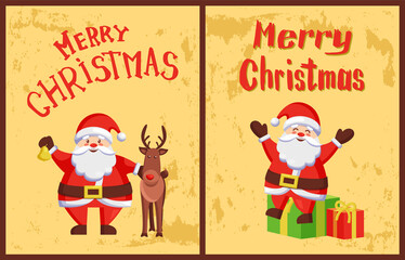 Merry Christmas greeting card Father Frost ready to give surprises in packages wrapped in paper. Santa Claus and reindeer animal walking together, vector