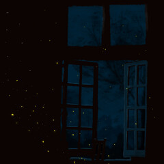 Sitting open window overlooking the meadow. Fireflies fly into the room. A diffused blue light falls on the window sashes. A dark room. Silhouette illustration.