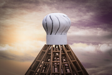 Chef hat on top of many ladders together as pyramid. Cooking idea on top concept. 3D illustration