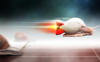 Fast flying snail in a rocket shell winning the race. Snails racing with blurred background in...