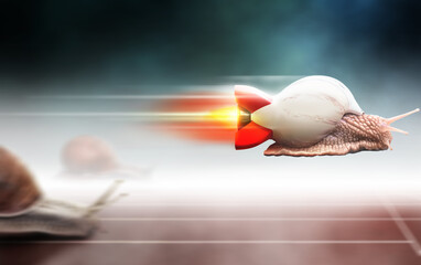 Fast flying snail in a rocket shell winning the race. Snails racing with blurred background in motion. © funstarts33