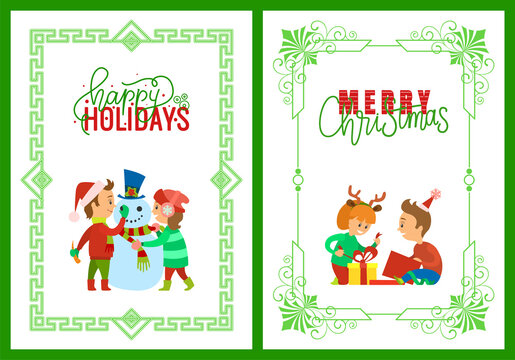 Merry Christmas children building snowman outdoors vector. Happy winter holidays greeting, kids boy and girl unpacking presents from boxes with tape