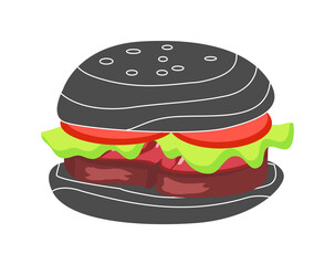 Hamburger with fresh tomatoes, lettuce leaf, grilled steak and sesame on bun. High calorie contain meal in black bread isolated cartoon flat vector illustration